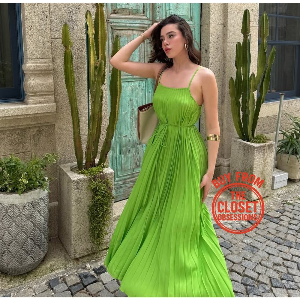 Mango NWT Lime Green Pleated Midi Dress Bow Belt 6 8 - Picture 3 of 16